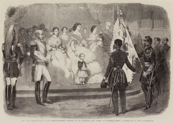 De oorlog, presentatie aan de keizerin-regentes Eugenie van een Oostenrijkse vlag genomen bij Magenta