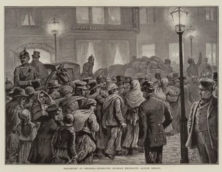 Transport van cholera-verdachte Russische emigranten door Berlijn (litho)