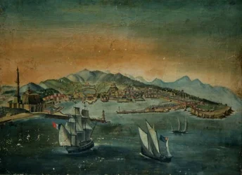 Uitzicht op een haven met een vuurtoren op een voorgebergte, ca. 1800