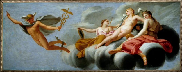 Cupido beveelt Mercurius zijn macht aan het universum te verkondigen. Hermes heeft zijn attribuut verloren. Schilderij van Eustache Le Sueur (1617-1655), 1646, Sun. 1x2,5 m.