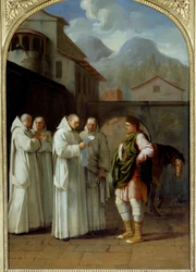 Sint Bruno (1030-1101), stichter van de Kartuizerorde ontvangt een boodschap van paus Urbanus II