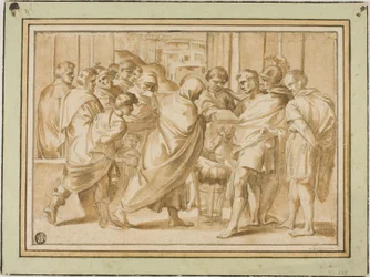 Scène uit de Romeinse Geschiedenis, met Geklede Figuur die Boek aan Heerser Overhandigt