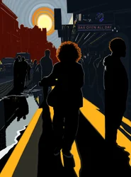 Verlichte figuren en zon op de stoep van Manhattan (digitale kunst)