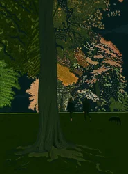Hondenwandeling bij nacht (digitale kunst)