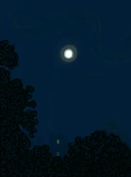 Huis met gevel en maan bij nacht schaduwen van bomen (digitale kunst)