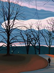 Man die oefent in Prospect Park bij zonsopgang schemering.(digitale kunst)