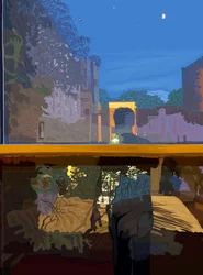 Mens weerspiegeld in slaapkamerraam bij nacht (digitale kunst)