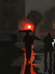 Wandelende man in de regen bij nacht (digitale kunst)