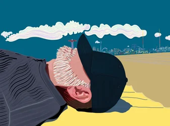 Man met baard op Coney Island Beach (digitale kunst)