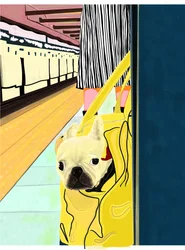 Metro forens met hond in tas, Brooklyn (digitale kunst)