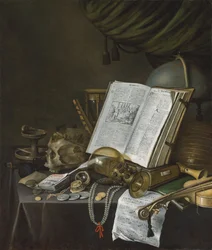Stilleven met munten en andere voorwerpen op een tafel