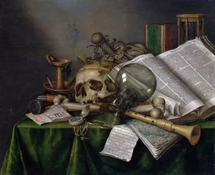 Vanitas - Stilleven met boeken, manuscripten en een schedel