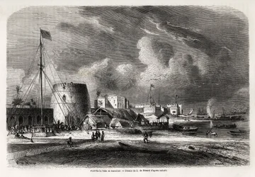 Haven van de stad Zanzibar (huidig Tanzania), tekening door Evremond de Berard (1824-1881), ter illustratie van de reis van kapitein Burton naar de Grote Meren van Oost-Afrika in 1857-1859. Gravure in "Le tour du monde, nouveau journal des voyages" Parijs