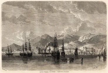 De haven van Spanje, in Trinidad (Trinidad en Tobago), tekening door Evremond Auguste de Berard (1824-1881), ter illustratie van de reizen naar de West-Indië, in 1858-1859, door Anthony Trollope (1815-1882). Gravure in "Le tour du monde, nouveau journal de