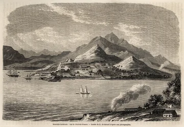 Uitzicht op de haven van Frankrijk, Nieuw-Caledonië, tekening door Evremont de Berard, ter illustratie van Victor de Rochas