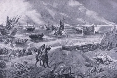 James II bij de Slag bij La Hogue, 23 mei 1692, illustratie uit British Battles on Land and Sea, 1915