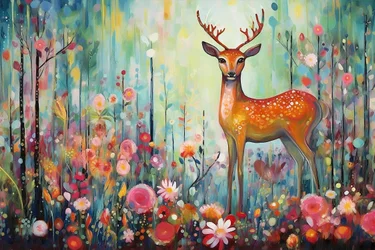 Een hert in de natuur en bloemen, heldere kleuren