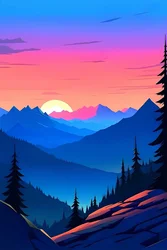 Een landschap van zonsondergang en bergtoppen