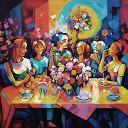 Abstracte illustratie, gelukkig familiediner, full color, muurkunst print