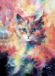 Abstract schilderij van een huisdier, een kat in felle kleuren