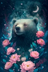 Beer in een fantasiedroomscène omringd door bloemen, ingelijste posters afdrukken