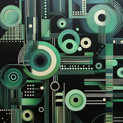 Complex geometrisch schilderij op donkere zwarte achtergrond, fijne kunstafdrukken