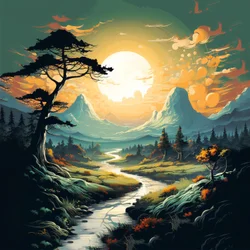 Berg en rivierlandschap zonsopgang, canvas & muurkunstafdrukken online