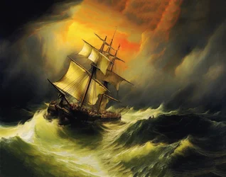 Schip in een storm op zee, in de stijl van William Turner