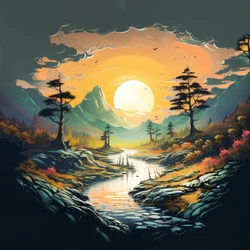 Fantasie bergen zonsondergang landschap digitale tekening