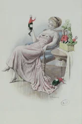 Ansichtkaart met een vrouw met flessen champagne in de vorm van mannen