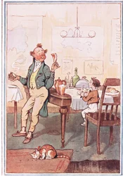 Hij nam een karbonade bij het bot in de ene hand en een aardappel in de andere, illustratie uit David Copperfield, 1914