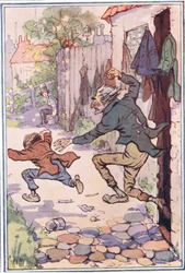 Hij stormde de winkel uit achter hen aan en stuurde ze vliegend weg, illustratie uit David Copperfield, 1914
