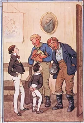 Mr. Peggotty haalde twee reusachtige kreeften en een enorme krab en een grote canvas zak met garnalen uit zijn zakken, illustratie uit David Copperfield, 1914