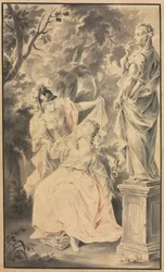 Allegorische scène: Koppel voor een standbeeld, 1700s