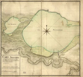 Bijzondere kaart van de loop van de St. Louis rivier vanaf het wilde dorp tot onder de Detour aux Angloix, de meren Pontchartrain & Maurepas en de rivieren & bayous die daar uitmonden