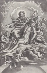 De Heilige Drie-eenheid, met de dode Christus in het midden omringd door engelen, God de Vader
