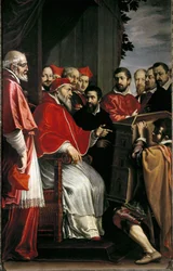 Michelangelo presenteert model van gebouw van Rota-hof in Giulia-straat aan paus Julius III