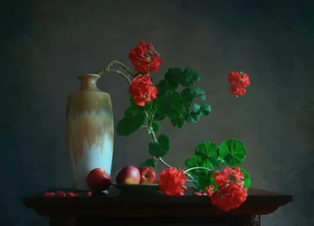 Stilleven met geraniums en fruit