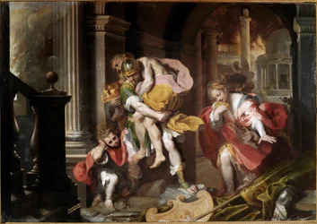 Aeneas draagt zijn vader Anchises op zijn schouders en vlucht voor de brand van Troje. Schilderij van Federico Fiori, genaamd il Barocci (1528/35-1612), 1598. Olie. 179x253 cm. Rome, Galleria Borghese