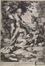 De rust op de terugkeer uit Egypte, gegraveerd door Cornelis Cort, 1575
