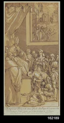 Keizer Hendrik IV (1050-1106) aan de voeten van Paus Gregorius VII (1020-85) gegraveerd door Nicolas Le Sueur (1691-1764)