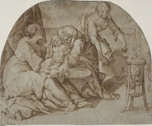 Het kind Jezus wordt gebaad door Maria, Anna en een dienstmeisje