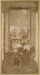 Man die bij maanlicht tekent vanuit het raam van een huis (pen en inkt met was op papier)