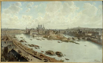 Panoramisch uitzicht op Parijs in 1588, vanaf de daken van het Louvre, met de Pont-Neuf in aanbouw
