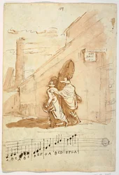 Tekening, Recto:  Drie muzikanten voor de Albergo Della Pace, 1810, 1810