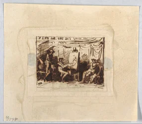 Figurale Scene met Kunstenaar die Vrouwelijke Figuur Tekent Terwijl Man van Achteren Kijkt