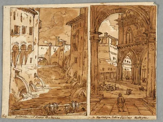 Schetsboekpagina, folio 64: Studie naar Bolognese architectuur en beeldhouwkunst; verso: geometrische ontwerpen