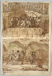 Schetsboekpagina, Folio 98: Twee schilderijen naar Caravaggio en Raphael; Verso: Adelaar en os