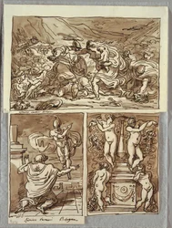 De strijd tussen de Romeinen en de Sabijnen; Verschijning van Romulus aan Proculus, twee studies naar de Carracci; Kandelaar