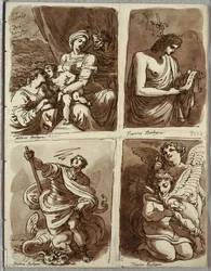 De Heilige Familie met Sint Catharina; St. Johannes de Doper, naar Guercino; St. Joris en de Draak, naar Alessandro Tiarini; Twee Putti